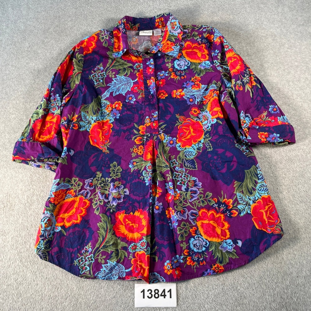 Vermont Country Store Blouse Womens 2X Purple Floral Cotton Excellent 3/4 Sleeve